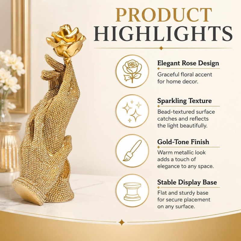 MOTIAHOOM Gold Hands Holding Rose Figurine