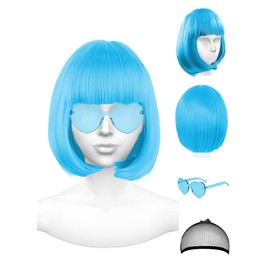 NSODREEM Light Blue Wig and Party Sunglasses, Cosplay Color Bob Wig, Party Blue Wig with Neon Glasses for Women - Bachelorette Party Wigs Decorations Favors (Sky Blue)