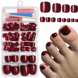 Bellelfin Short Press on Toenails, 240Pcs Burgundy Fake Toes Nails Kit Full Cover Glossy False Toenail Press ons Solid Color Acrylic Glue on Toenails for Women Girls