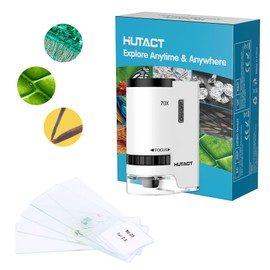 HUTACT 70 x Pocket Microscope for Kids, Portable Mini Handheld Microscope with 5 Slides for Children for Learning, Education