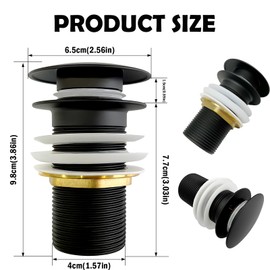 KAIYAYA Drain Fitting Sink Black Pop Up Drain Valve Without Overflow with Strainer Basket Universal 66 mm x G1 1/4 Sink Drain Fitting Push Open Drain Valve for Sink Washbasin