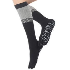 Yoga Socks for Women Non Skid Thigh Highs Knee High Pilates Ballet Dance Toeless and Five Toes Long Calf Socks (Striped Black)