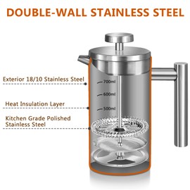 WORBIC French Press Stainless Steel, 34oz Double-Wall Insulated 304 Stainless Steel, 3 Level Filtration System with 3 Extra Filter Screens, French Press Stainless Steel for Home, Camping and Office