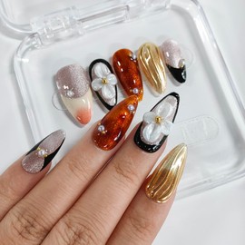 Handmade Press on Nails Almond Medium 3D Floral French Tip Thick Acrylic Fake Nails Fall False Nails with Flower Pearls Gold Curve Line Designs Brown Sturdy Nail Art Press on Nails 10Pcs(M)