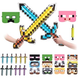 Lqucwepp Pixel Party Favor,24PCS Pixel Party Supplies,12 Inflatable Swords and12 Masks for Birthday Parties Party Masks