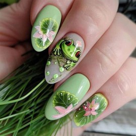 Cute Green Frog Design False Nails Long Almond Shaped 3D Fake Nail Lotus Flower Press on Nails 3D Press on Nails with Lotus Leaf Glue on Nails Artificial Nails for Women 24Pcs