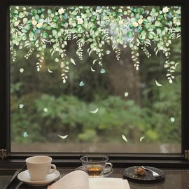 duahappy Green Plant Hanging Window Clings Wall Stickers, PVC Double-Sided Anti Collision Removable Flowers Leaves Window Decals, Spring Summer Window Decals for Home Party Shop Display