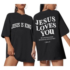 Jinluth Christian Oversized Shirts for Women Jesus is King Jesus Loves You T Shirt Faith Religious Inspirational Tees Tops (Black,L)