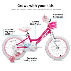JOYSTAR 18 Inch Girls Bike for 5-9 Years Old Kids Bike for Ages 5-8 Years Girls with Training Wheels and Basket 18 Inch Bikes Bicycle with Handbrake in Fuchsia