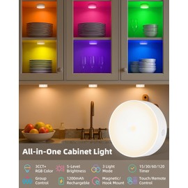 Motion Sensor Light Rechargeable Puck Lights with Remote, LED Under Cabinet Lighting, 19 Color Tap Lights with Timer & Group Control, 1200mAh Battery Operated, for Kitchen, Closet, Stairs, 6 Pack