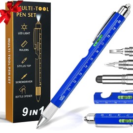 Gifts for Men, 9 in 1 Multitool Pen Set - LED Light, Touchscreen Stylus, Ruler, Level, Bottle Opener, Phillips Screwdriver, Flathead, and Ballpoint Pen - Birthday Gifts for Men, Dad, Husband (Blue)