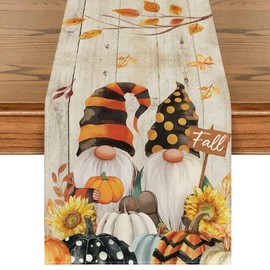 Artoid Mode Wood Gnomes Pumpkins Sunflower Leaves Fall Table Runner, Seasonal Autumn Kitchen Dining Table Decoration for Home Party Decor 13x72 Inch