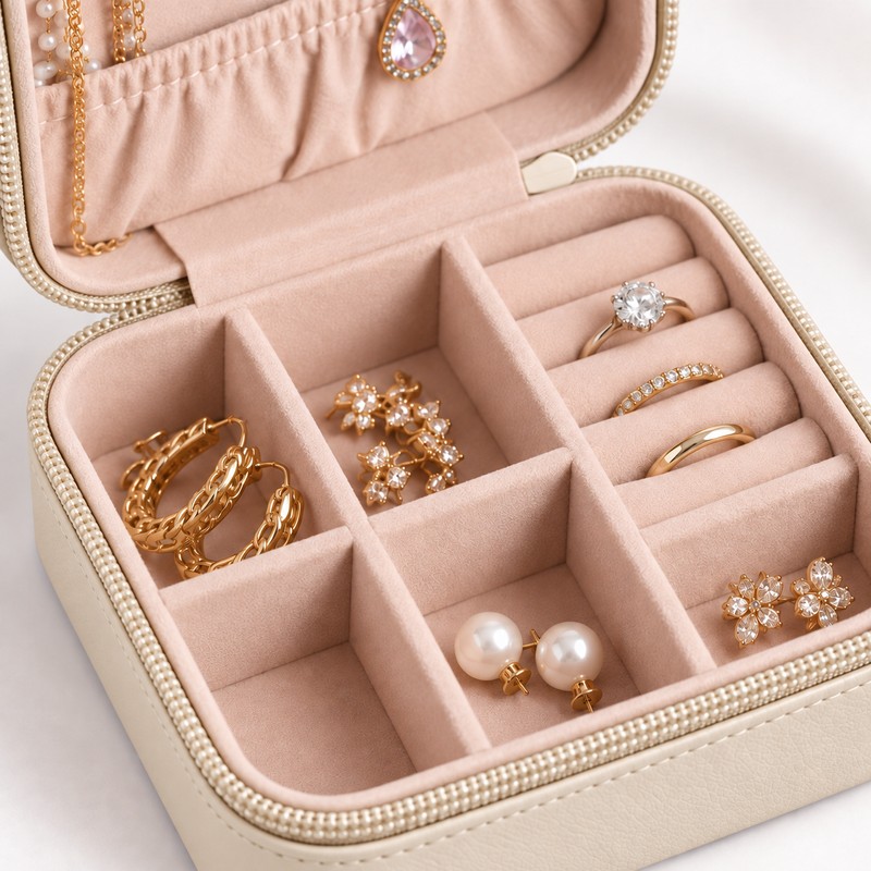 Portable Jewelry Case, PU Leather Travel Box, Earring and Ring