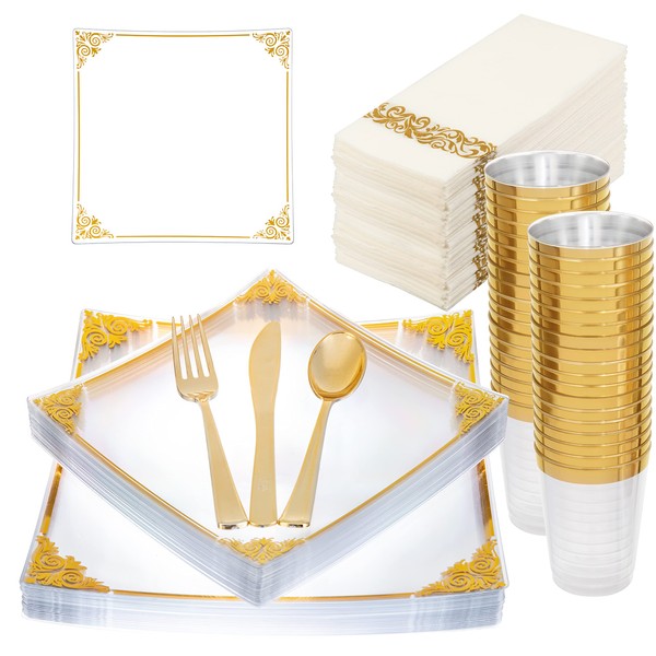 Hioasis 140pcs Clear Gold Square Plastic Plates & Gold Disposable Plates include 20Dinner Plates,20Dessert Plates,20Knives,20Forks,20Spoons,20Cups,20Napkins for Weddings & Thanksgiving