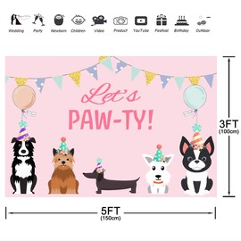 5x3ft Puppy Dog Happy Birthday Themed Backdrops Let's Paw-ty Doggy Pet Pink Girl Photography Backdrop Birthday Banner for Puppy Birthday Party Photo Booth Backdrop Vinyl Birthday Party Decorations