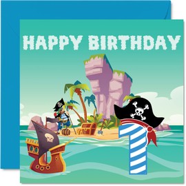 1st Birthday Card Boy - Pirate Treasure Island - Happy Birthday Card 1 Year Old Boy, Boys Birthday Cards for Him, 5.7 x 5.7 Inch Greeting Card for Son Brother Grandson Nephew Cousin God Son
