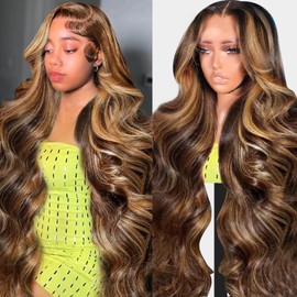 MIGURA 26 Inch Ombre Highlight Lace Front Wig Human Hair Pre Plucked 200 Density 13x4 HD Lace Front Wigs Highlight Body Wave Human Hair Wig Colored 4/27 Ombre Wig Frontal Wigs for Women