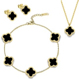 Vikrami lighting Four-Leaf Clover Jewellery Set for Women Rose Gold Plated Stainless Steel Girls Black Four-Leaf Clover Pendant Necklace Stud Earrings Jewellery Set