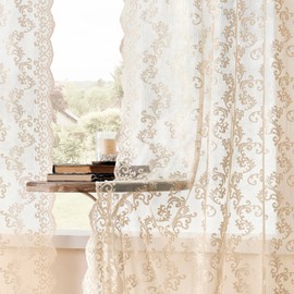 Beige Lace Curtains 102 Inches Long 2 Panels Vintage Paisley Sheer Lace Curtains for Living Room Bedroom Rod Pocket Light Filtering Large Window Privacy Decor for Dining Room Neutral Drapes, 52x102