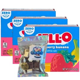 Gelatin Dessert Mix, 0.3 oz Box (Pack of 3) with Candy Freezer Freeze Dried Ice Cream Bites (Zero Sugar Strawberry Banana) - Candy