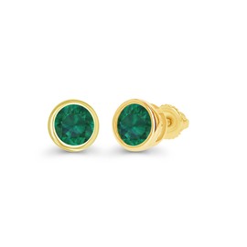 Yellow Gold Plated 925 Sterling Silver 4mm Round Bezel Set Created Green Emerald May Birthstone Screwback Stud Earrings