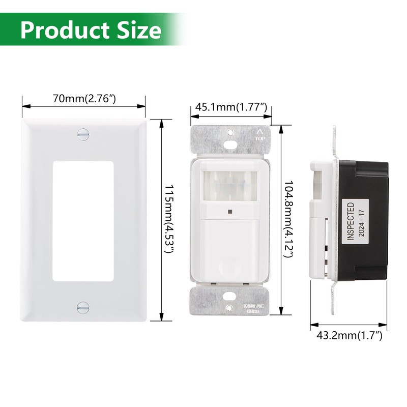 Wengart PIR Motion Sensor Light Switch BAG-001,120VAC Single Pole,180° Sensor