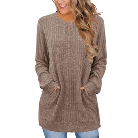 JomeDesign Sweaters Fall 2025 Long Sleeve Tops Trendy Casual Tunic to Wear with Leggings Winter Clothes Khaki S