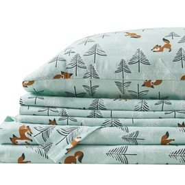 Comfort Spaces Cotton Flannel Breathable Warm Deep Pocket Sheets with Pillow Case Bedding, Twin XL, Seafoam Foxes 3 Piece