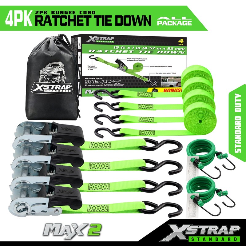 XSTRAP STANDARD Ratchet Tie Down Straps 4Pk 15Ft 1500Lb Break