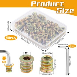 Pack of 50 Screw Nuts, M4 x 10 mm Threaded Insert Wood with Hex Wrench, Galvanised Carbon Steel Threaded Inserts Nuts, Screw Nuts for Wooden Furniture Range