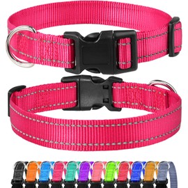 FunTags Reflective Dog Collar, Sturdy Nylon Collars for Puppy and Extra Small Girl and Boy Dogs, Adjustable Dog Collar with Quick Release Buckle,Pink,3/8" Width