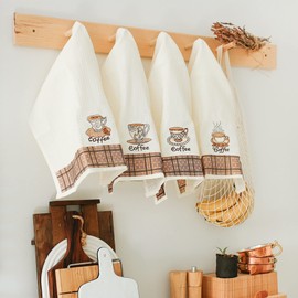 Lavien Home, Kitchen Tea Towels, Coffee Decorative Tea Towels (Set of 4), Turkish Cotton Waffle Weave, Embroidered Bar Towels, 16" x 24"