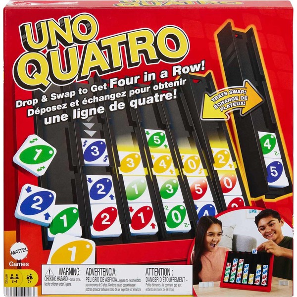Mattel Games UNO Quatro Game with Colored Tiles & Plastic Game Grid for Adult, Family & Game Night, 2 to 4 Players Ages 7 Years & Up