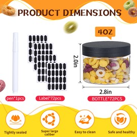 NOIRUC-CZ 72pcs 4 oz Plastic Containers with Lids Pen Labels Leak Proof BPA Free Airtight Refillable Clear Small Containers Storage Jars for Storing Dry Food Makeup Slime Honey Jam,black