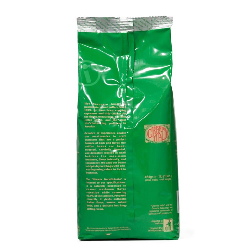 Grande Italia Decaf Whole Bean Espresso, Miscela Decaffeinato, 1lb
