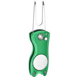 TIXIPEM Golf Divot Repair Tool- Switch Foldable Divot Tool Rack with Magnetic Ball Marker & Open Button Use for Golf Accessories & Gifts - [Green] Green Fork Tines