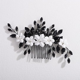 Xerling Bride Wedding Flower Black Rhinestones Hair Comb White Floral Side Comb Hair Piece Headpiece Bridal Head Jewelry Accessories for Women (Black)