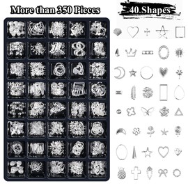 Kikonoke 40 Grids Silver Nail Charms 3D Moon Star Flower Shell Butterfly Nail Studs Metal Nail Jewels Shiny Geometric Cross Nail Art Supplies for Women Girls DIY Crafts (Silver 40 Grids)