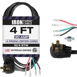 Iron Forge Cable 4 Prong Dryer Cord 4 ft, Black 10/4 NEMA 14-30 Plug 30 Amp Extension Cord 4 Foot for Dryer & EV with Ring Terminals, 125V/250V SRDT