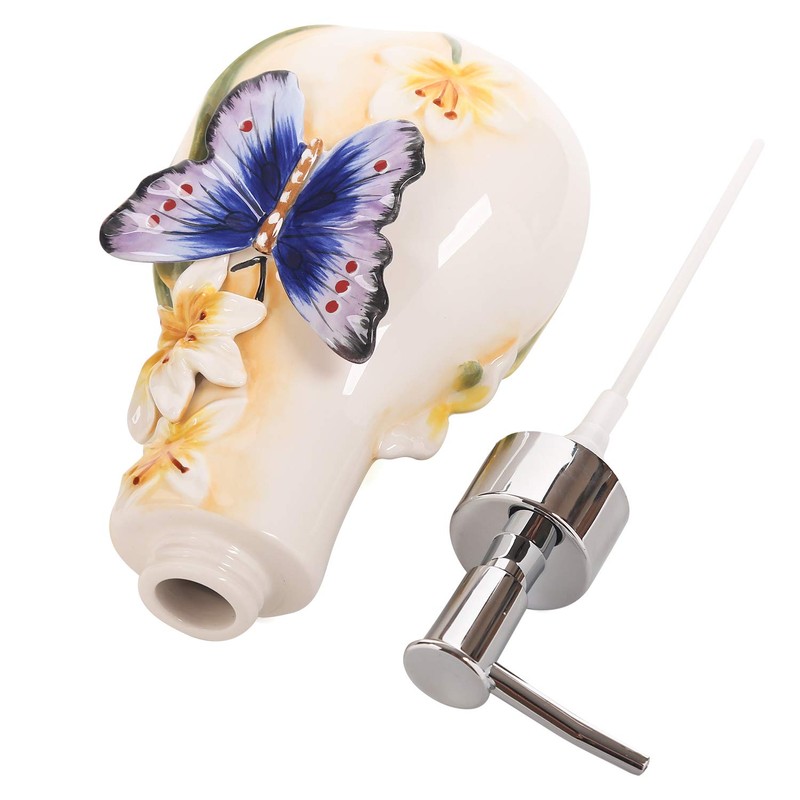 FORLONG Ceramic Soap Dispenser, 3D Hand-Painted Butterfly and Lilies Flower