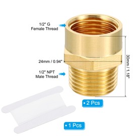 PATIKIL Brass Pipe Fitting Adapter Set, 5Pcs 1/2" NPT Male Thread x 1/2" G Female Thread Brass Reducer Hex Tubing Hose Connector Adaptor with Tape for Plumbing
