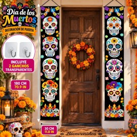 Banner De Halloween Para Puerta Cartel Decoración Día De Muertos, Pancarta Vertical 180x30 cm Diseño Calavera, Incluye 2 Ganchos, Decoración Mexicana