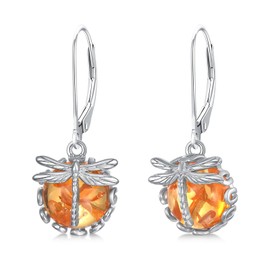 KZX Dragonfly Earrings 925 Sterling Silver Amber Dangle Earrings Dragonfly Jewelry Gift for Women
