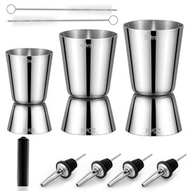 Cocktail Jigger Messbecher Edelstahl Barmaß 3cl/4cl/5cl Gin Measuring Cups Set Klein Doppelmaß Jigger mit 4 Flaschenausgießer 3 Bürste Zubehör für den Barkeeper 3 Stück