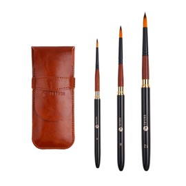 TOYZOS Professional Watercolor Paint Brushes Set of 3 Sizes with Leather Case, Bi-Color Nylon Hair, Spiral Design Handle