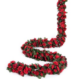 Weldomcor Pack of 8 Artificial Red Garland, 2.45 Metres, Flower Garland, Roses, Vines, Silk Flowers, Outdoor Hanging Artificial Flowers, Decoration for Wedding Arch, Bedroom, Wall, Backdrop, Garden