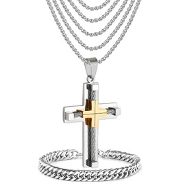 JUNOVUROS Large and Small Men's Cross Necklace Set with 5 Rolo Chains and 1 Cuban Bracelet, Jesus Christ Cross Religious Jewelry Gift, Silver/Gold/Black, Small, Stainless Steel, Cubic Zirconia