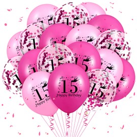 Pink 15th Birthday Balloons 18Pcs Pink Hot Pink Happy 15th Birthday Latex Balloons Hot Pink 15th Birthday Party Decorations for Girls Boys 15th Birthday Anniversary Party Supplies 12 inch