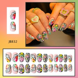 Onsdag Press on Nails Oval Shaped Glossy Full Cover Acrylic French Short False Nails with Designs Artificial Oval Fake Nails with Charms Glue Stick ons Fingernails for Women Girls(JB832)