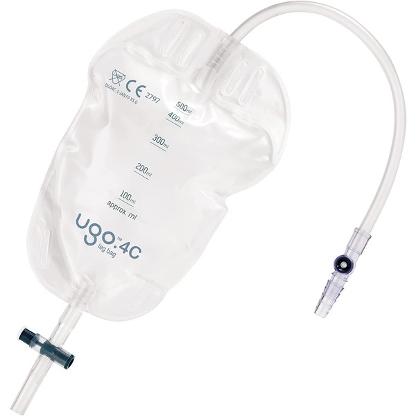Ugo Leg Bags (x10) – Urine Drainage Bags/Catheter Leg Bags, T Tap or Lever Tap with Soft Fabric Backing and a Natural Leg-Shape Design (Pack of 10) (Ugo 4C - 500ml, Long Tube, T Tap)